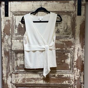 LOFT Cream Sleeveless Wrap Knit Top, L